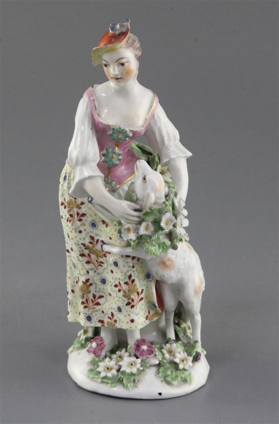 A Derby group of a shepherdess, c.1765, h. 20cm, small chip losses